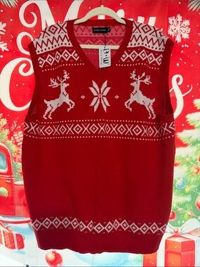 Red V-Neck Holiday Reindeer Sweater Vest